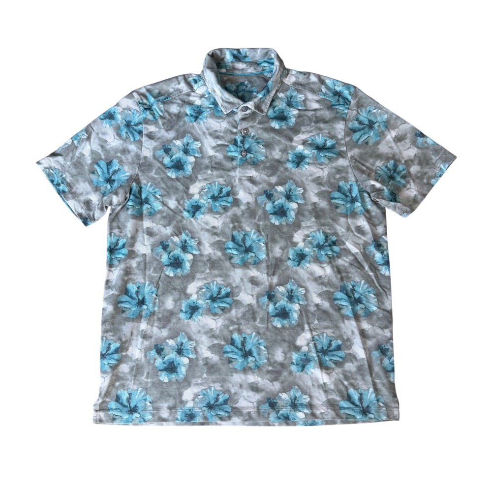 Tommy Bahama Mens XL Blue Hibiscus Floral Hawaiian Polo Shirt Grey Vacation